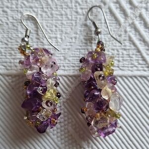 Cluster Beads Drop Earrings - Purple and Yellow